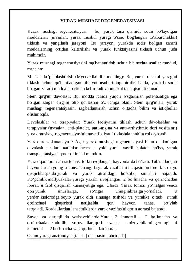 Yurak Mushagi Regeneratsiyasi 1