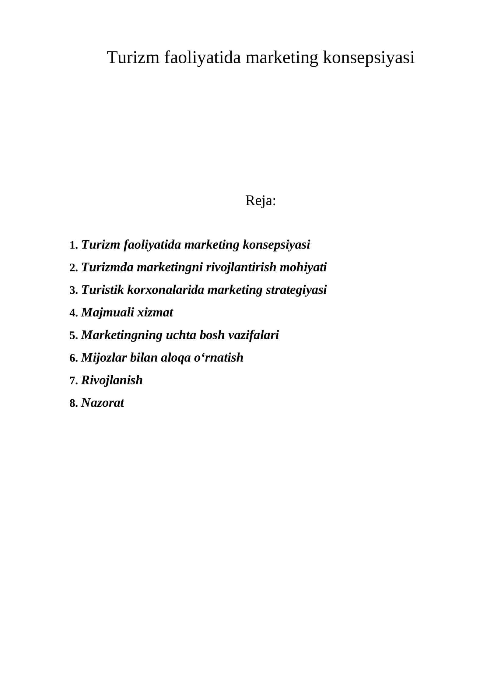 Turizm faoliyatida marketing konsepsiyasi 1
