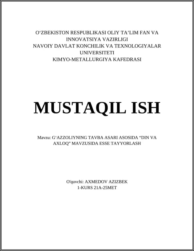 Gʻazzoliyning Tavba asarida “Din va Axloq” mavzusida esse tayyorlash 1