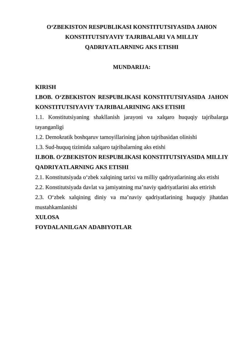 O‘ZBEKISTON RESPUBLIKASI KONSTITUTSIYASIDA JAHON KONSTITUTSIYAVIY TAJRIBALARI VA MILLIY QADRIYATLARNING AKS ETISHI 1