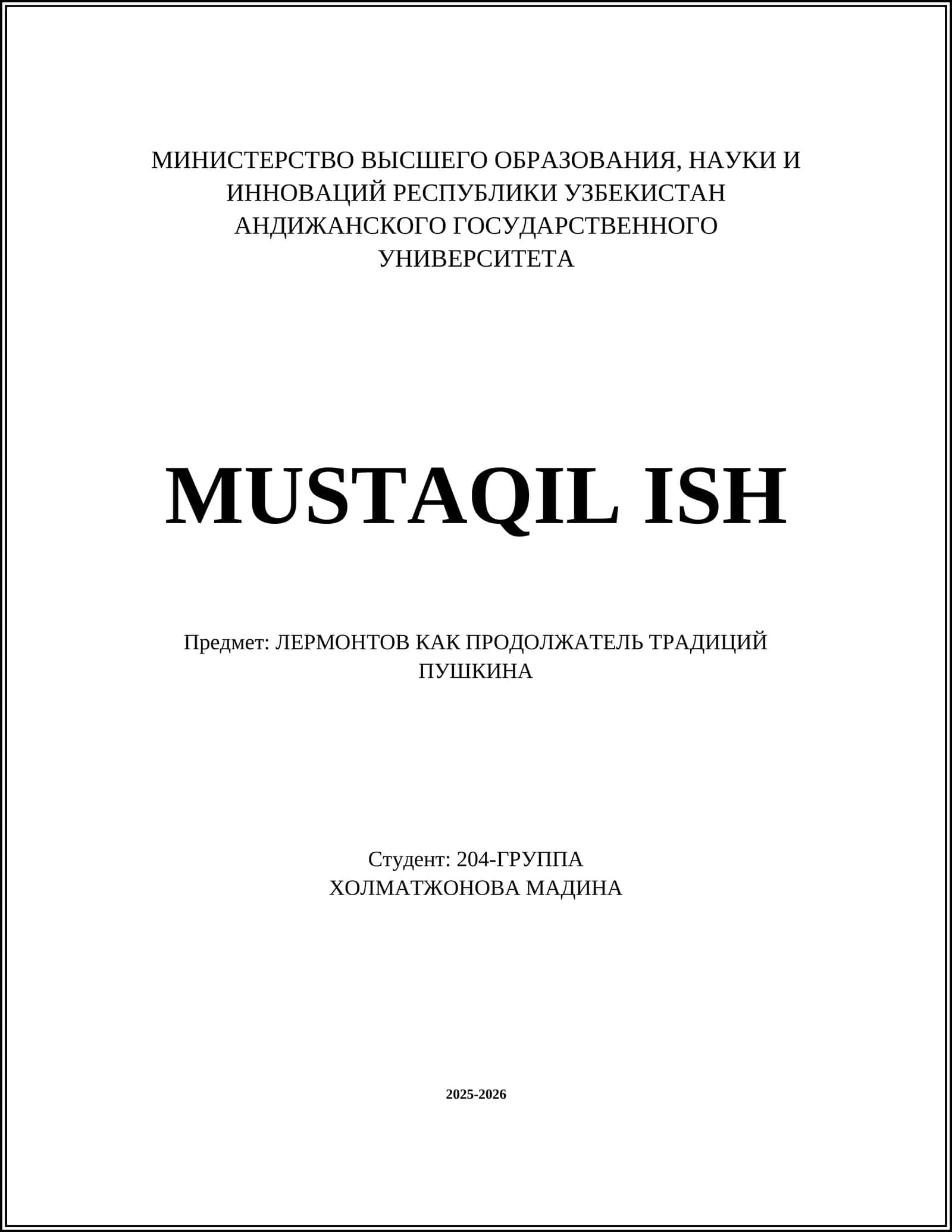 MUSTAQIL ISH - ЛЕРМОНТОВ КАК ПРОДОЛЖАТЕЛЬ ТРАДИЦИЙ ПУШКИНА 1