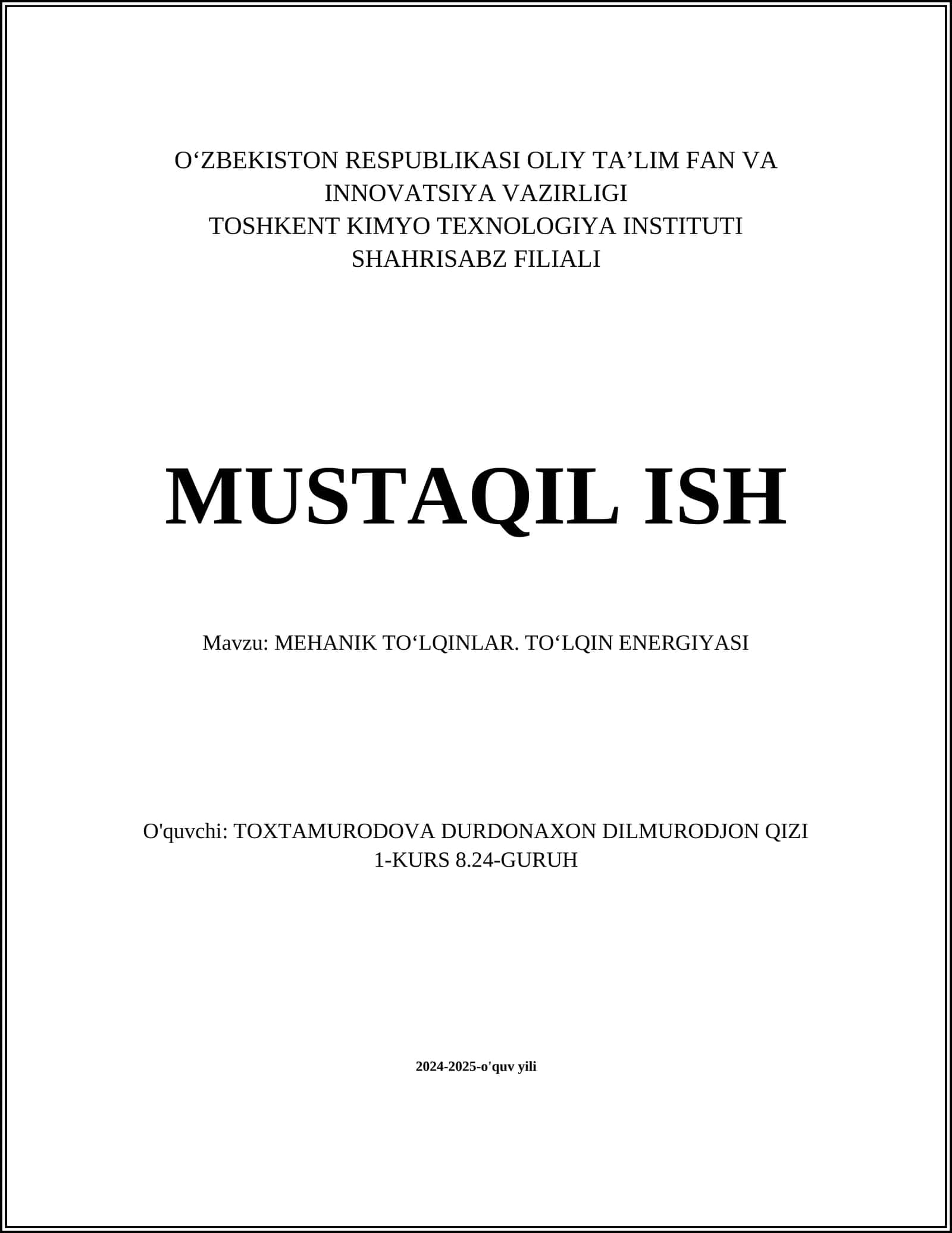 MEHANIK TOʻLQINLAR. TOʻLQIN ENERGIYASI 1