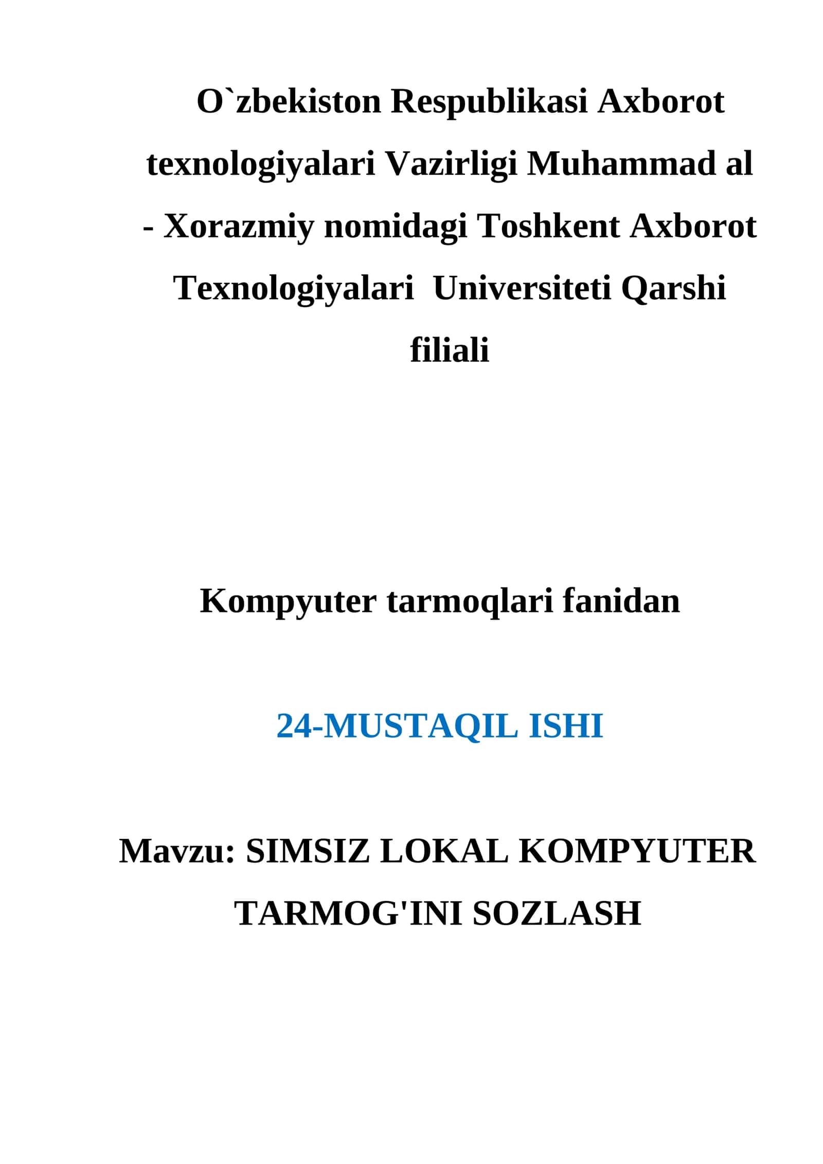 SIMSIZ LOKAL KOMPYUTER TARMOG'INI SOZLASH 1