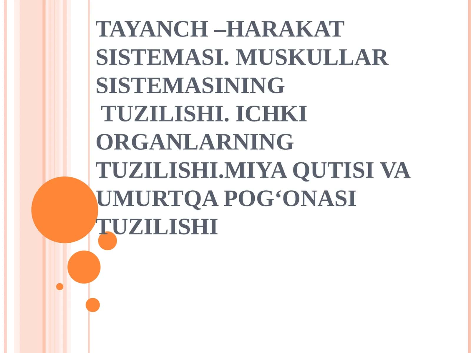 TAYANCH –HARAKAT SISTEMASI.MUSKULLAR SISTEMASININGTUZILISHI. ICHKI ORGANLARNING TUZILISHI.MIYA QUTISI VA UMURTQA POGʻONASI TUZILISHI 1