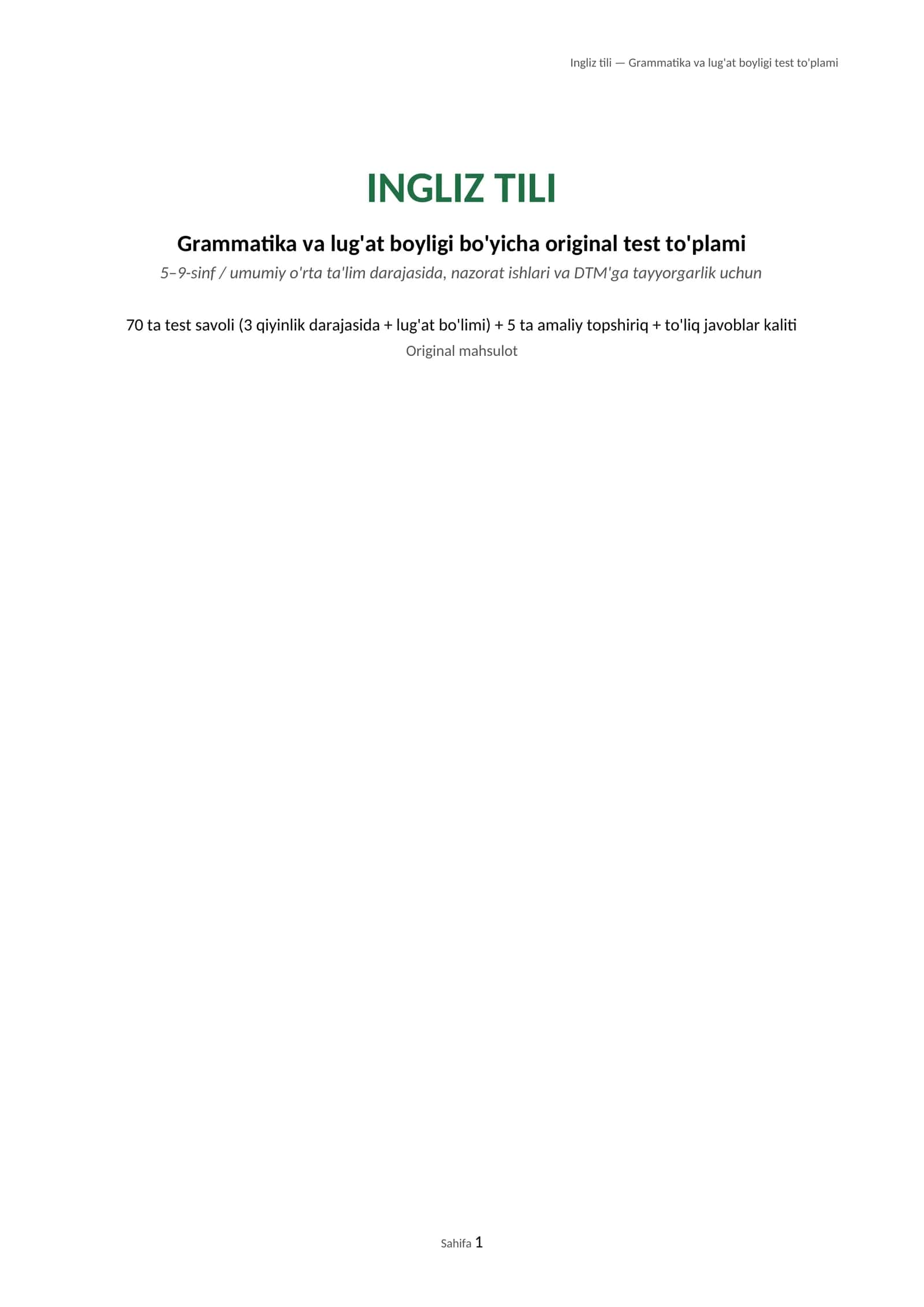 Ingliz tili — Grammatika va lug'at boyligi test to'plami 1