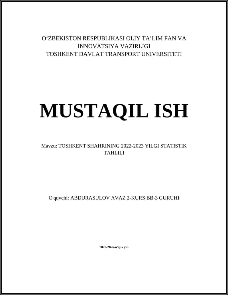 TOSHKENT SHAHRINING 2022-2023 YILGI STATISTIK TAHLILI 1