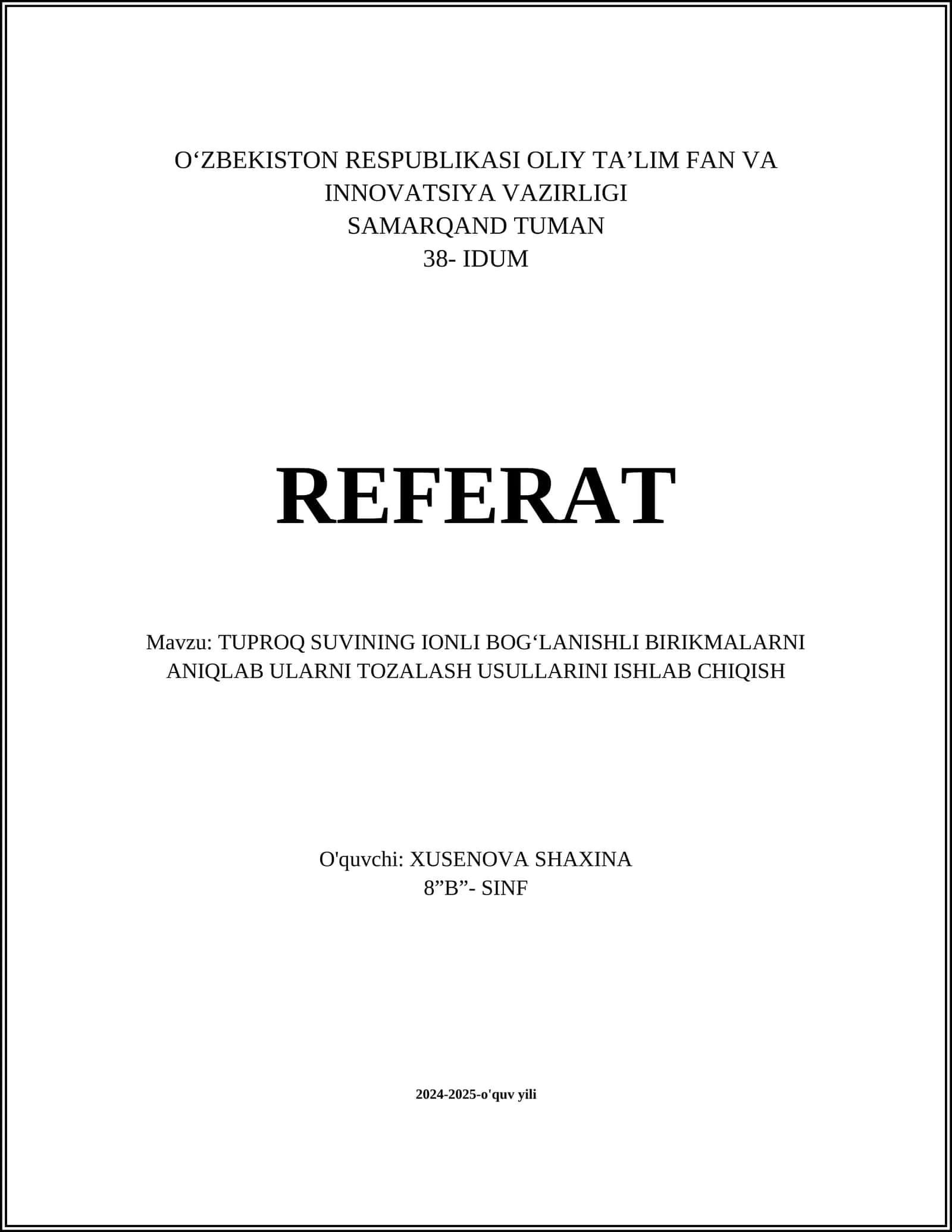 TUPROQ SUVINING IONLI BOGʻLANISHLI BIRIKMALARNI ANIQLAB ULARNI TOZALASH USULLARINI ISHLAB CHIQISH 1