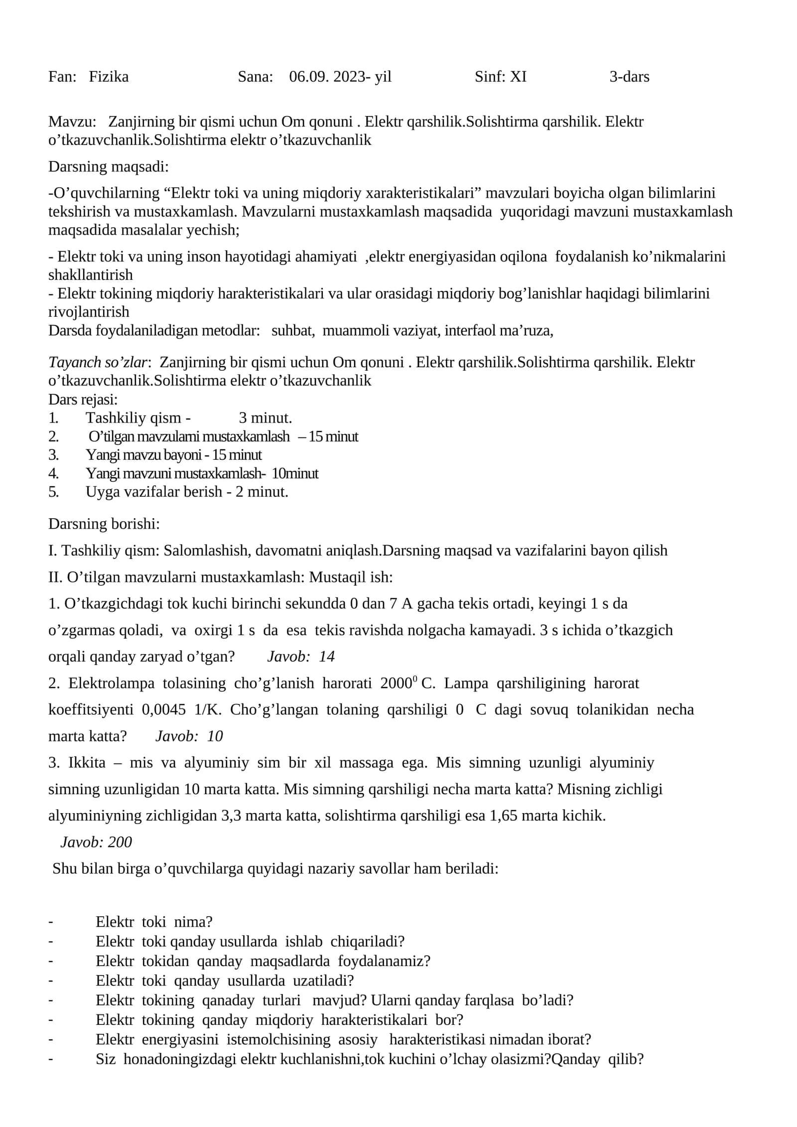 Zanjirning bir qismi uchun Om qonuni. Elektr qarshilik.Solishtirma qarshilik. Elektr o’tkazuvchanlik.Solishtirma elektr o’tkazuvchanlik 1