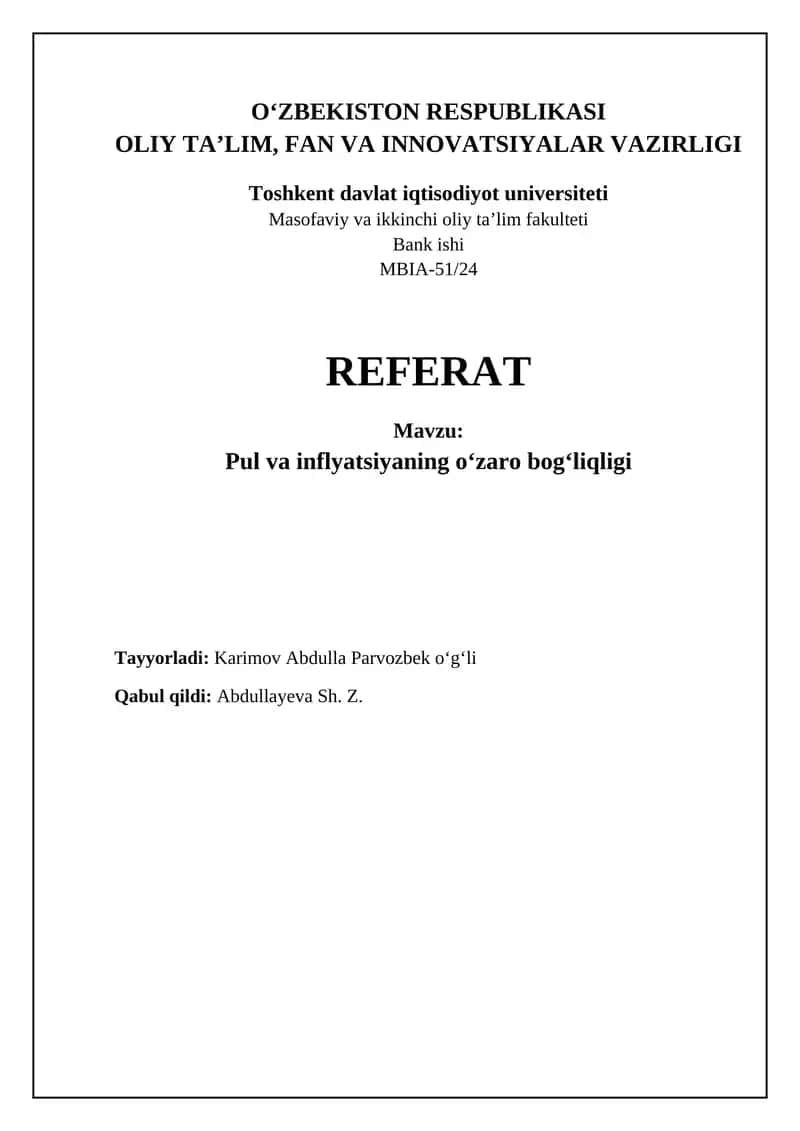 Pul va inflyatsiyaning o‘zaro bog‘liqligi 1