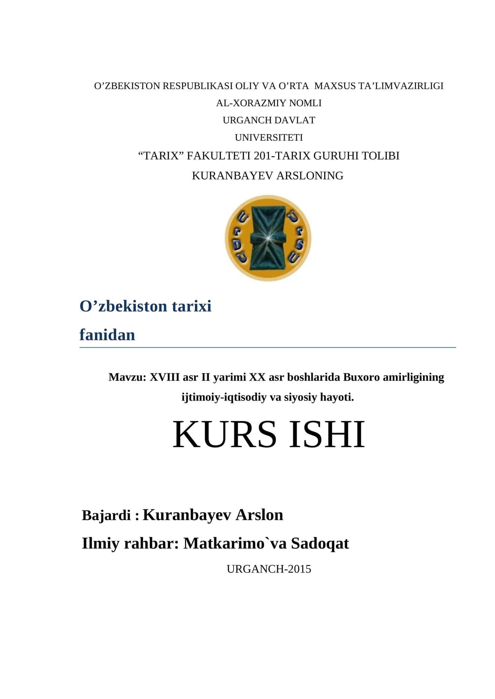XVIII asr II yarimi XX asr boshlarida Buxoro amirligining ijtimoiy-iqtisodiy va siyosiy hayoti 1