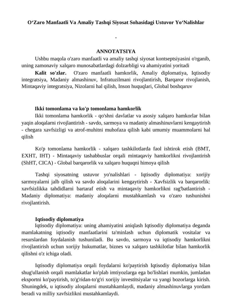 OʻZaro Manfaatli Va Amaliy Tashqi Siyosat Sohasidagi Ustuvor YoʻNalishlar 1