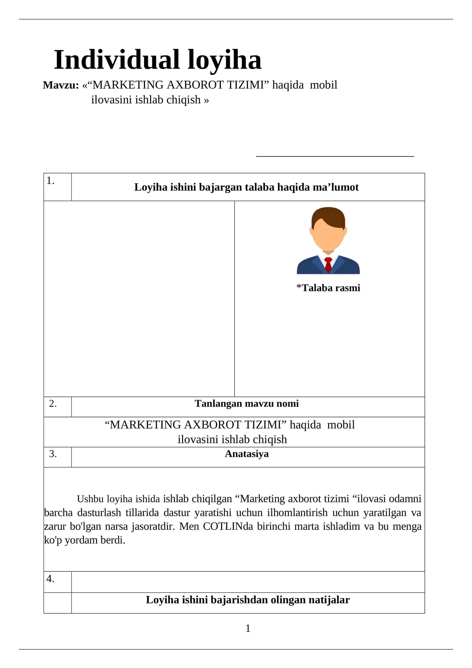 "MARKETING AXBOROT TIZIMI” haqida  mobil ilovasini ishlab chiqish loyihasi 1