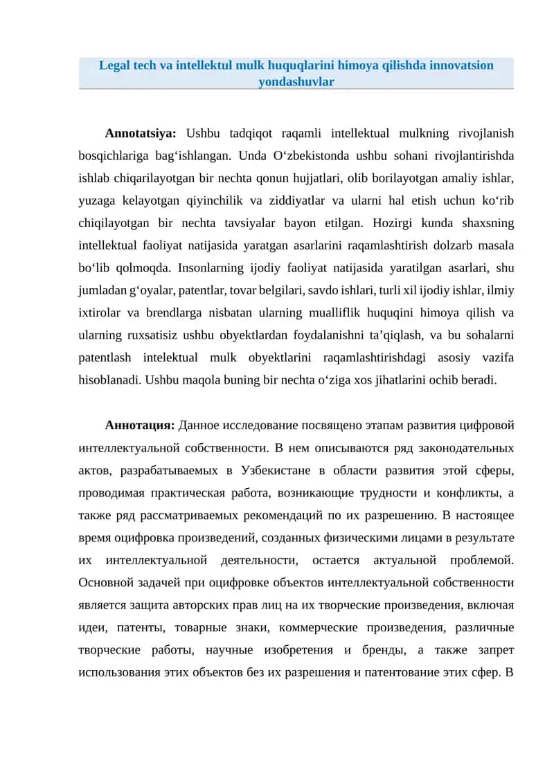 Legal tech va intellektul mulk huquqlarini himoya qilishda innovatsion yondashuvlar 1