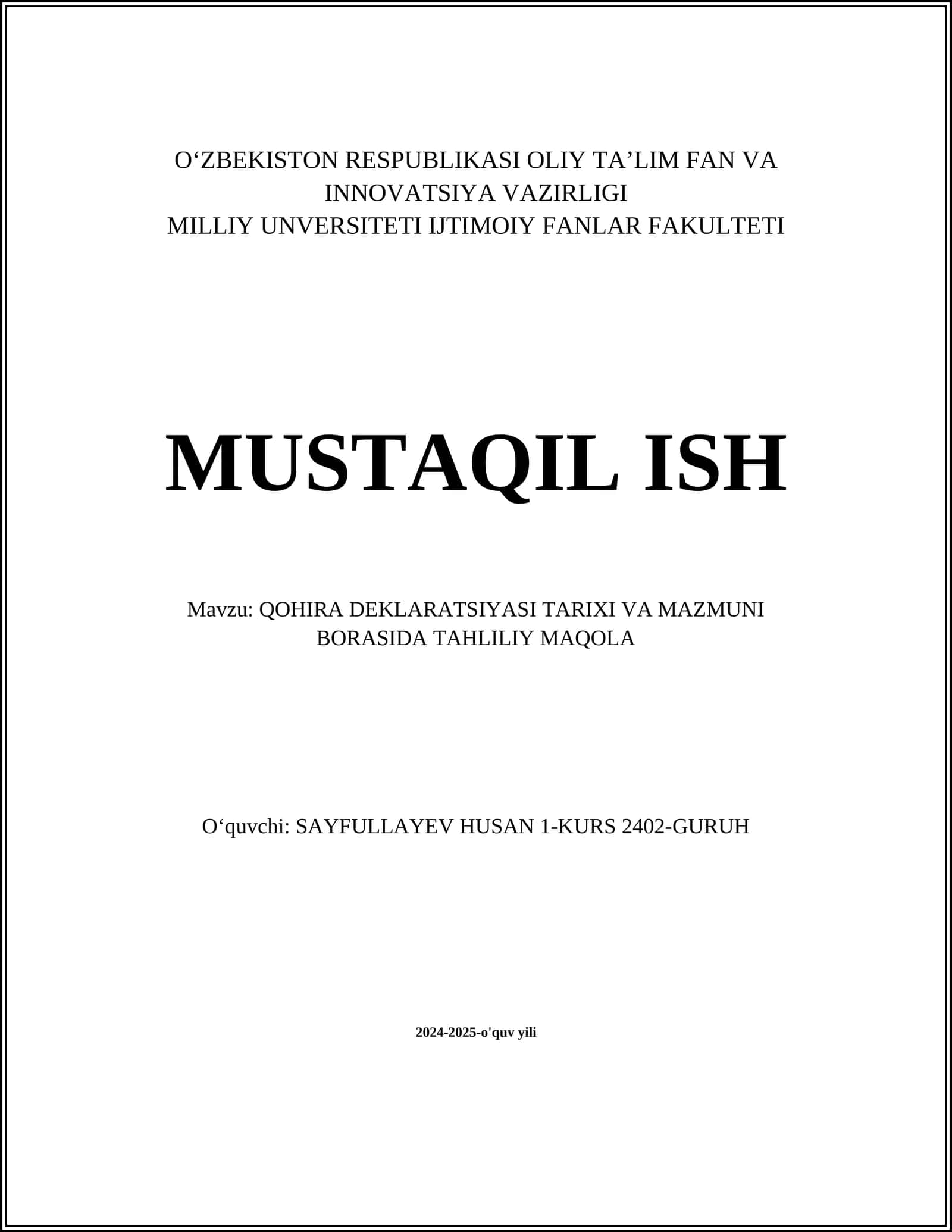 QOHIRA DEKLARATSIYASI TARIXI VA MAZMUNI BORASIDA TAHLILIY MAQOLA 1