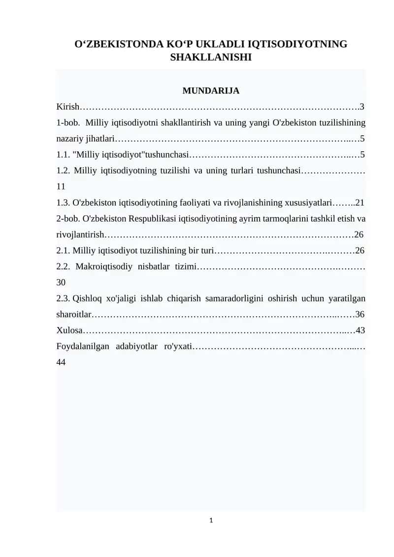 O‘ZBEKISTONDA KO‘P UKLADLI IQTISODIYOTNING SHAKLLANISHI 1