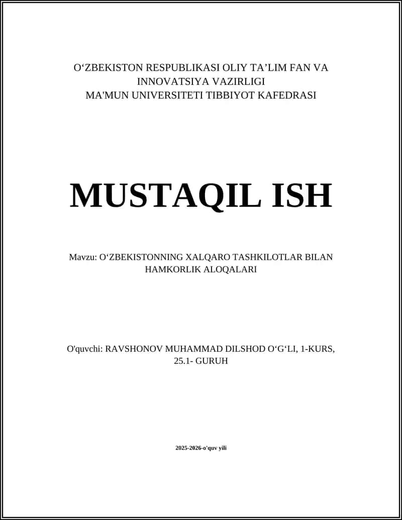 O‘zbekistonning Xalqaro Tashkilotlar bilan Hamkorlik Aloqalari 1