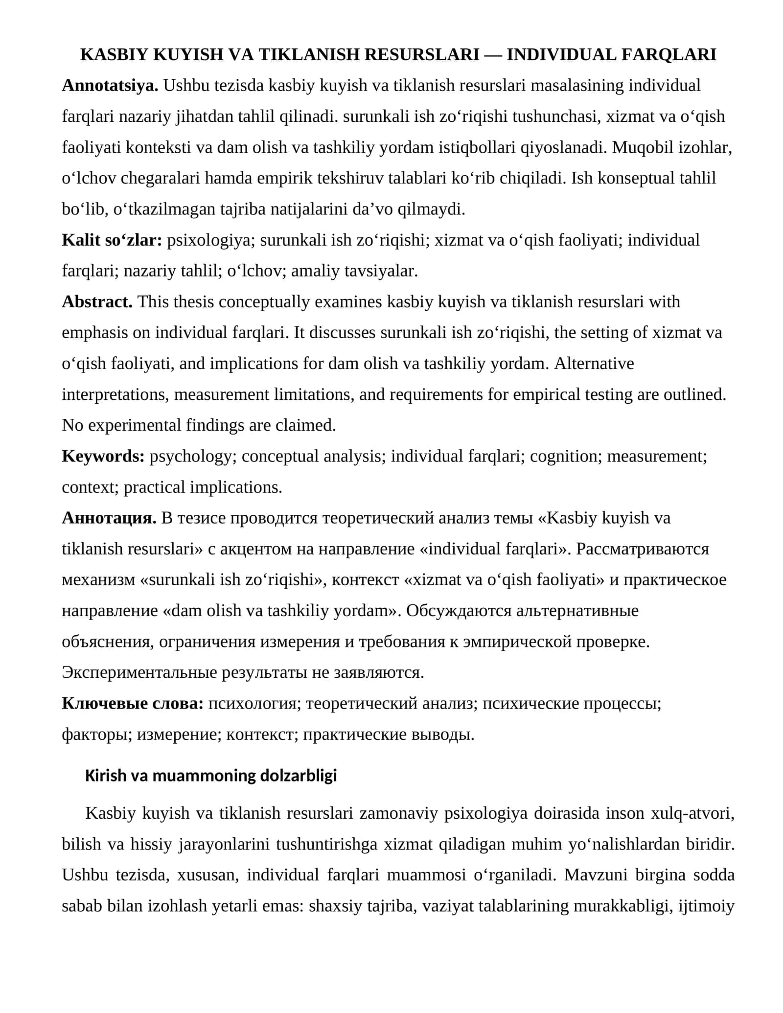 KASBIY KUYISH VA TIKLANISH RESURSLARI — INDIVIDUAL FARQLARI 1