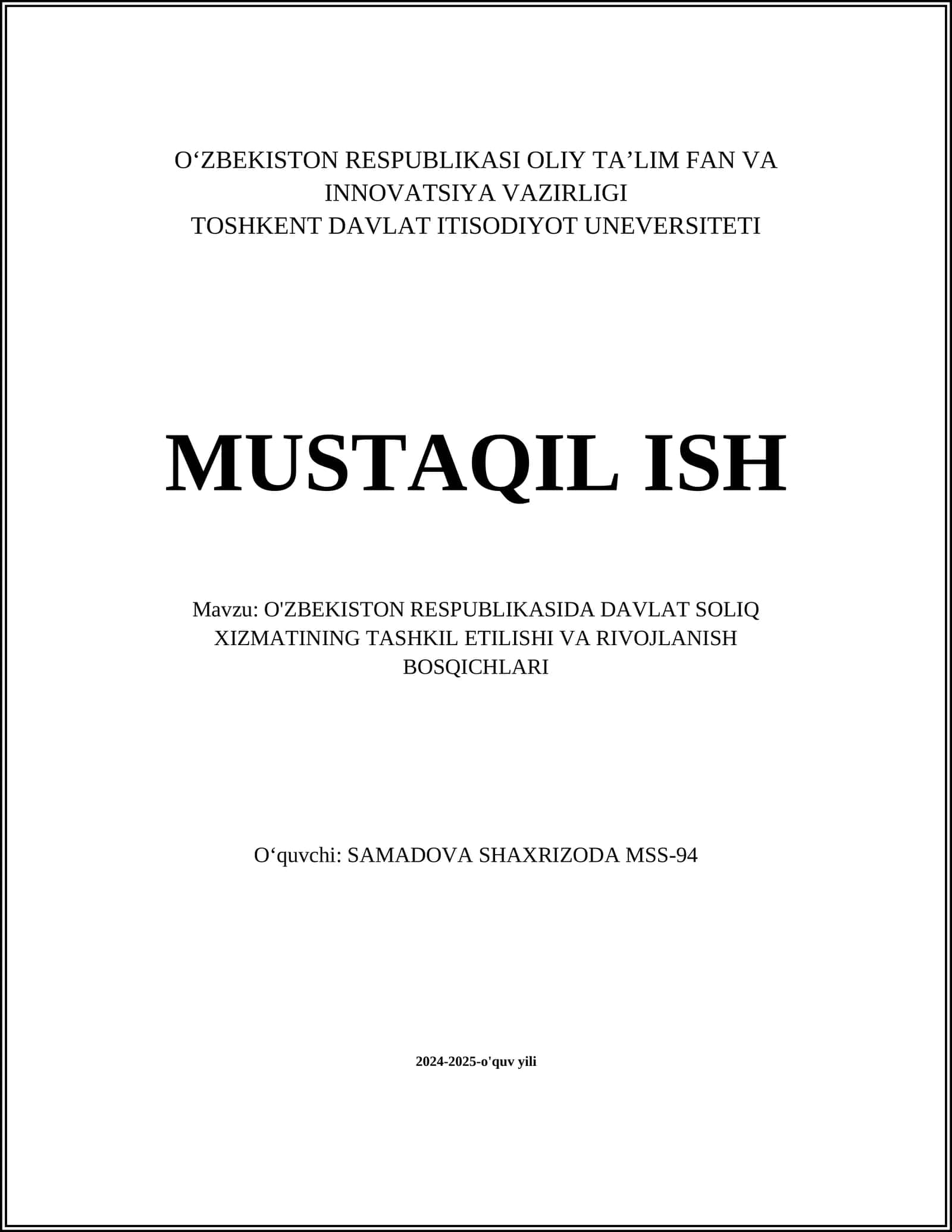 O'ZBEKISTON RESPUBLIKASIDA DAVLAT SOLIQ XIZMATINING TASHKIL ETILISHI VA RIVOJLANISH BOSQICHLARI 1