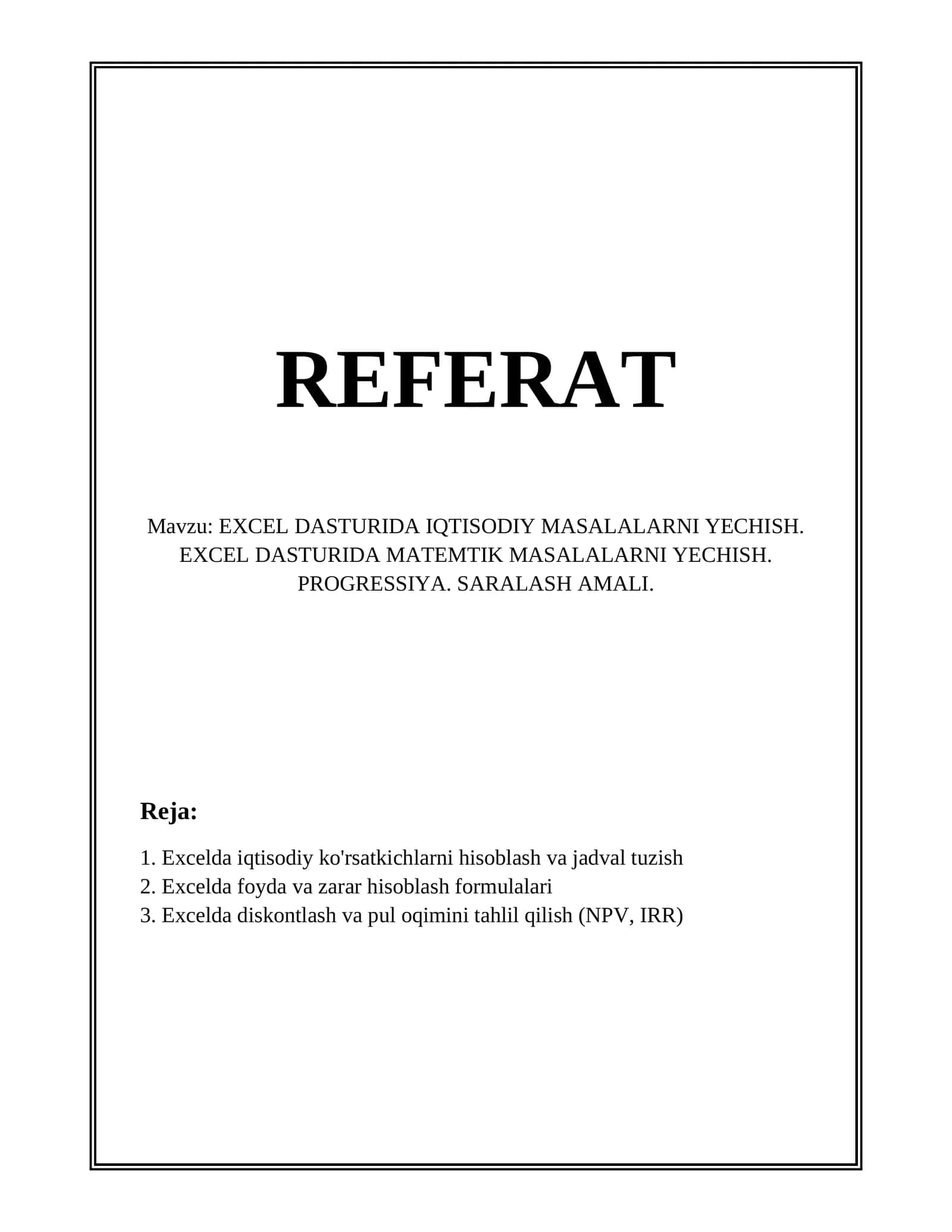 EXCEL DASTURIDA IQTISODIY MASALALARNI YECHISH 1