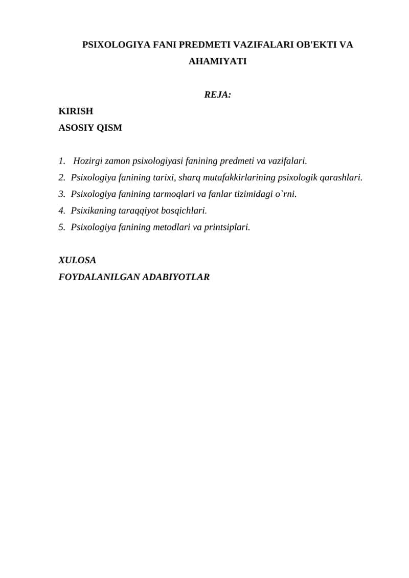 PSIXOLOGIYA FANI PREDMETI VAZIFALARI OB'EKTI VA AHAMIYATI 1