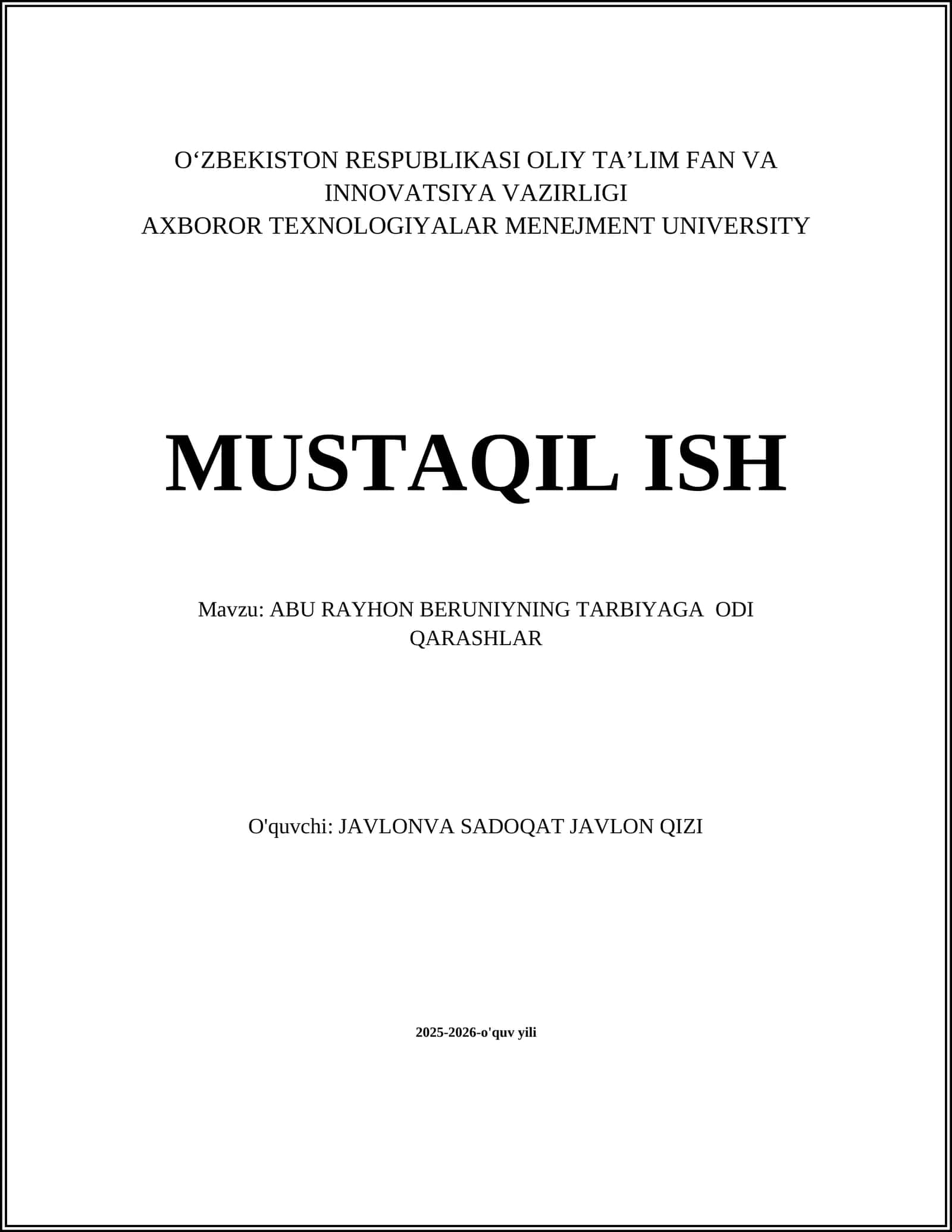 ABU RAYHON BERUNIYNING TARBIYAGA ODI QARASHLAR 1