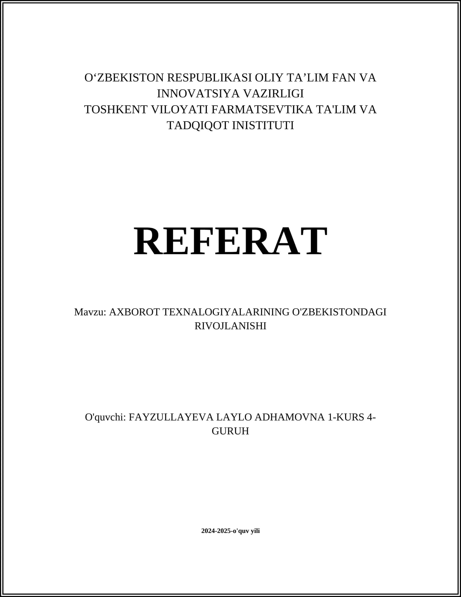 AXBOROT TEXNALOGIYALARINING O'ZBEKISTONDAGI RIVOJLANISHI 1