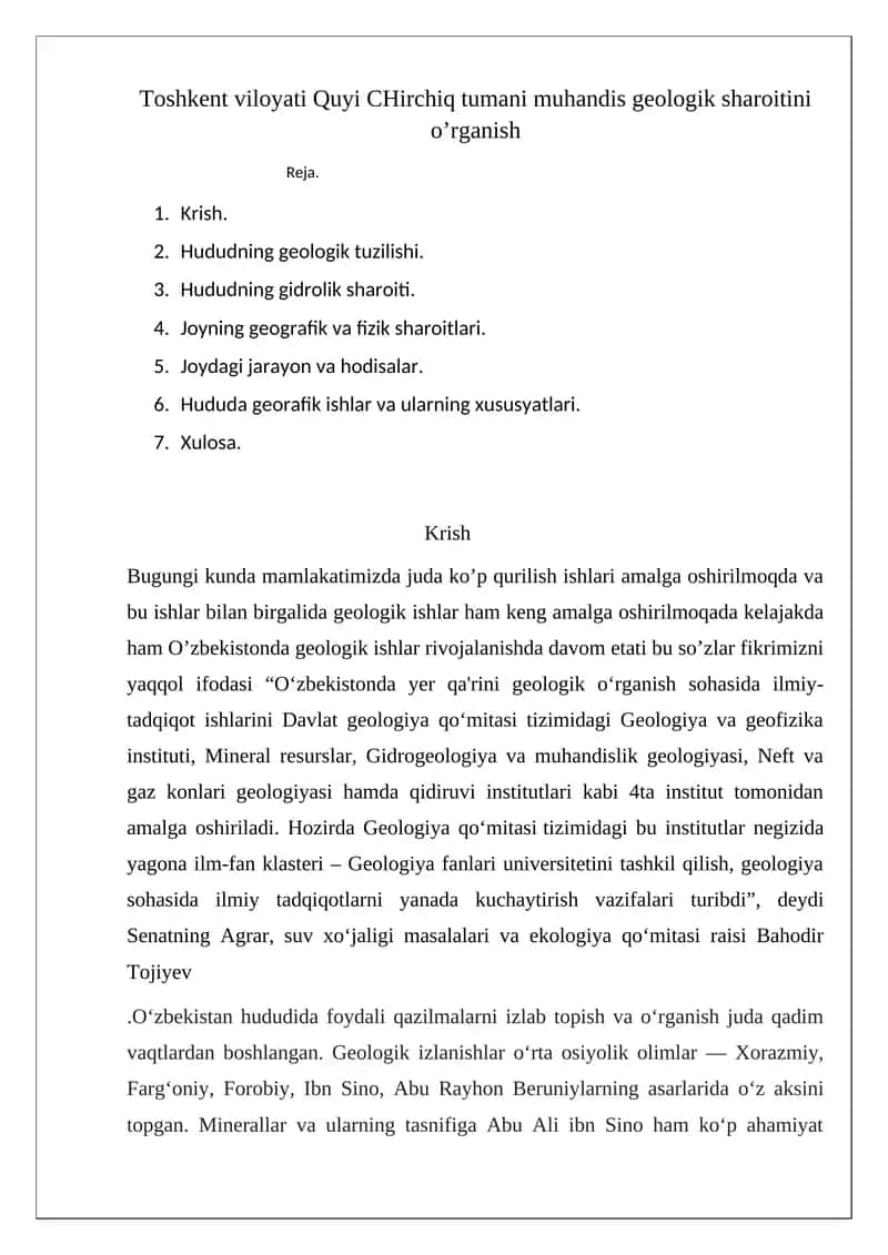 Toshkent viloyati Quyi CHirchiq tumani muhandis geologik sharoitini o’rganish 1