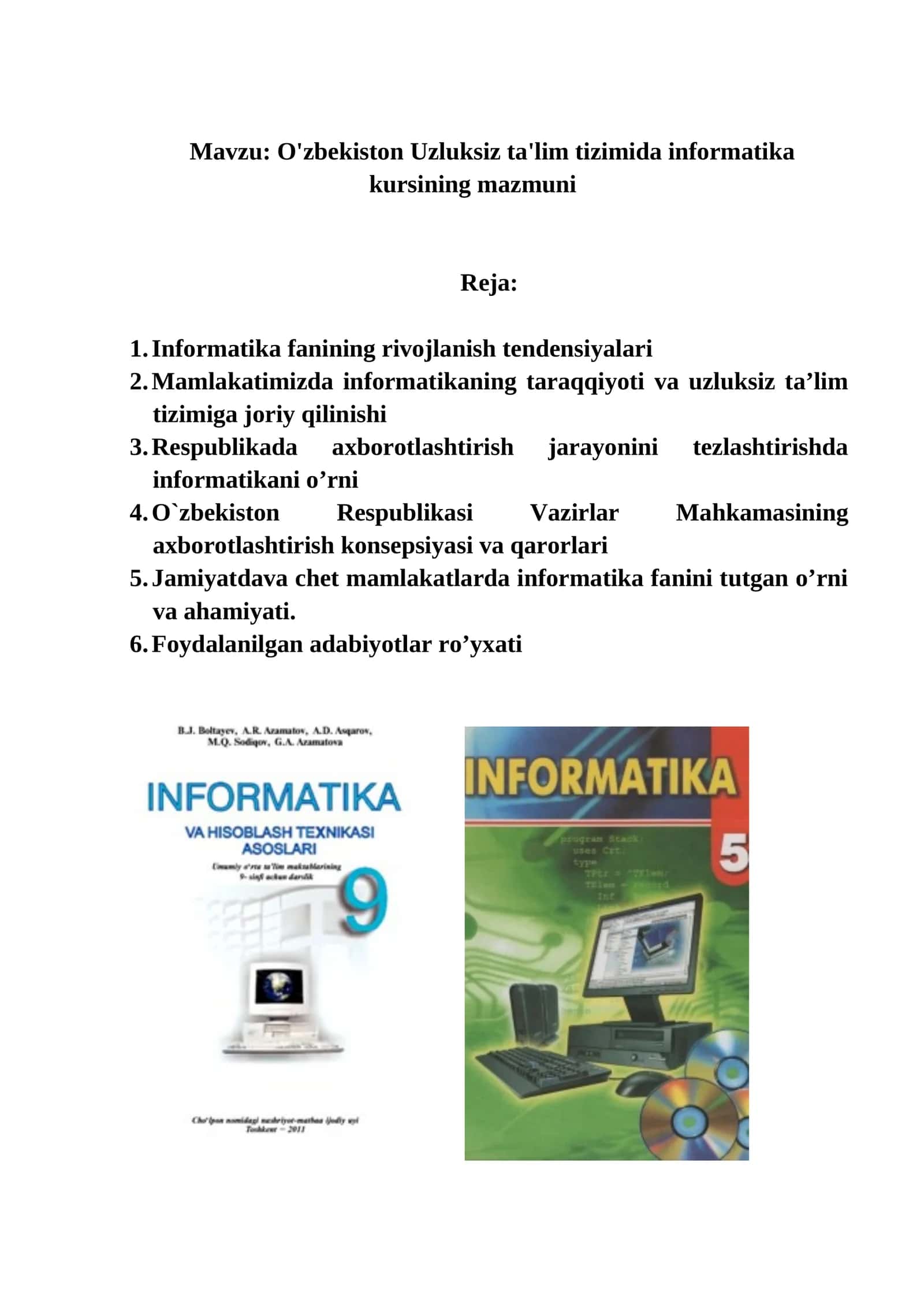 O'zbekiston Uzluksiz ta'lim tizimida informatika kursining mazmuni 1