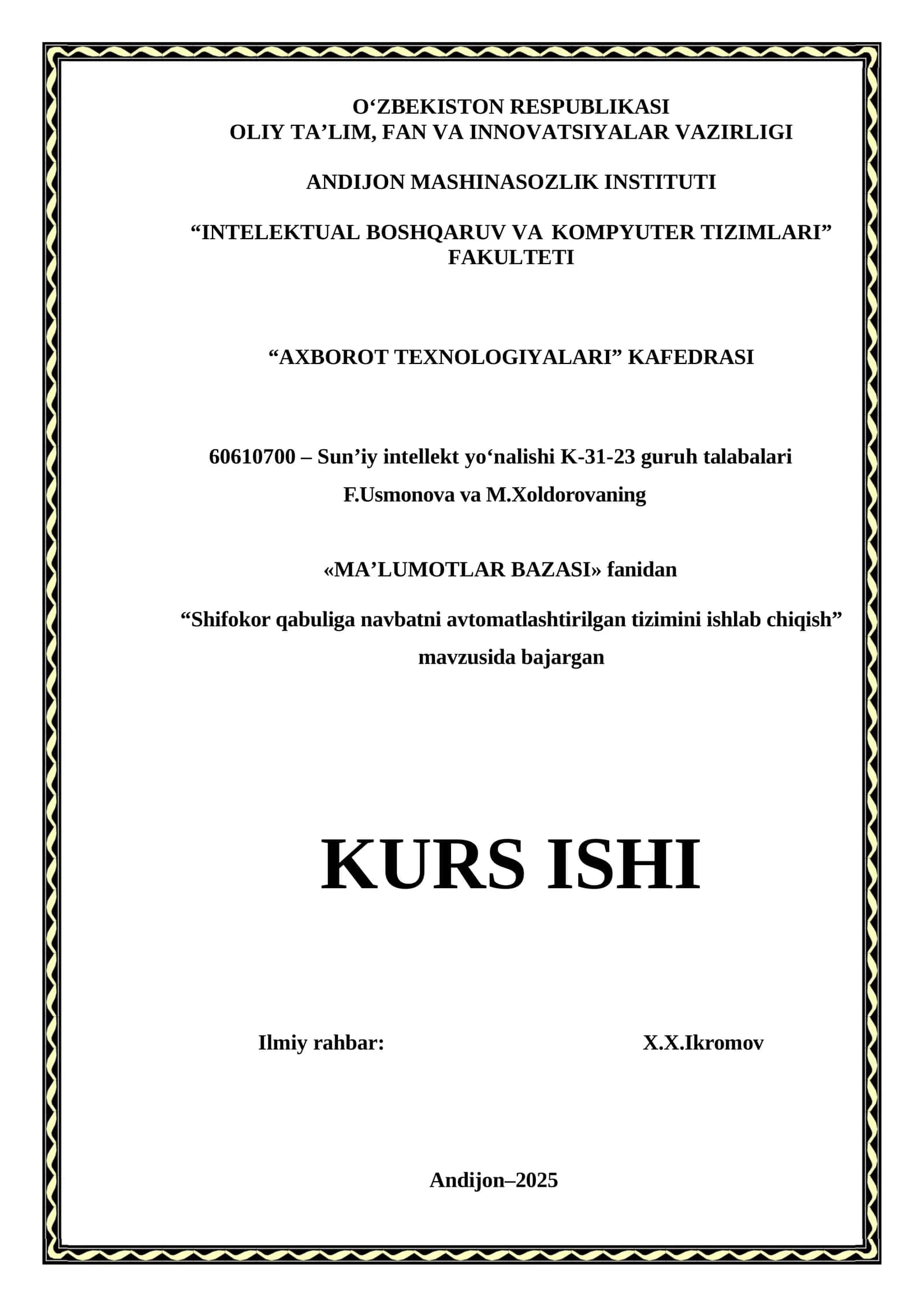 Shifokor qabuliga navbatni avtomatlashtirilgan tizimini ishlab chiqish 1