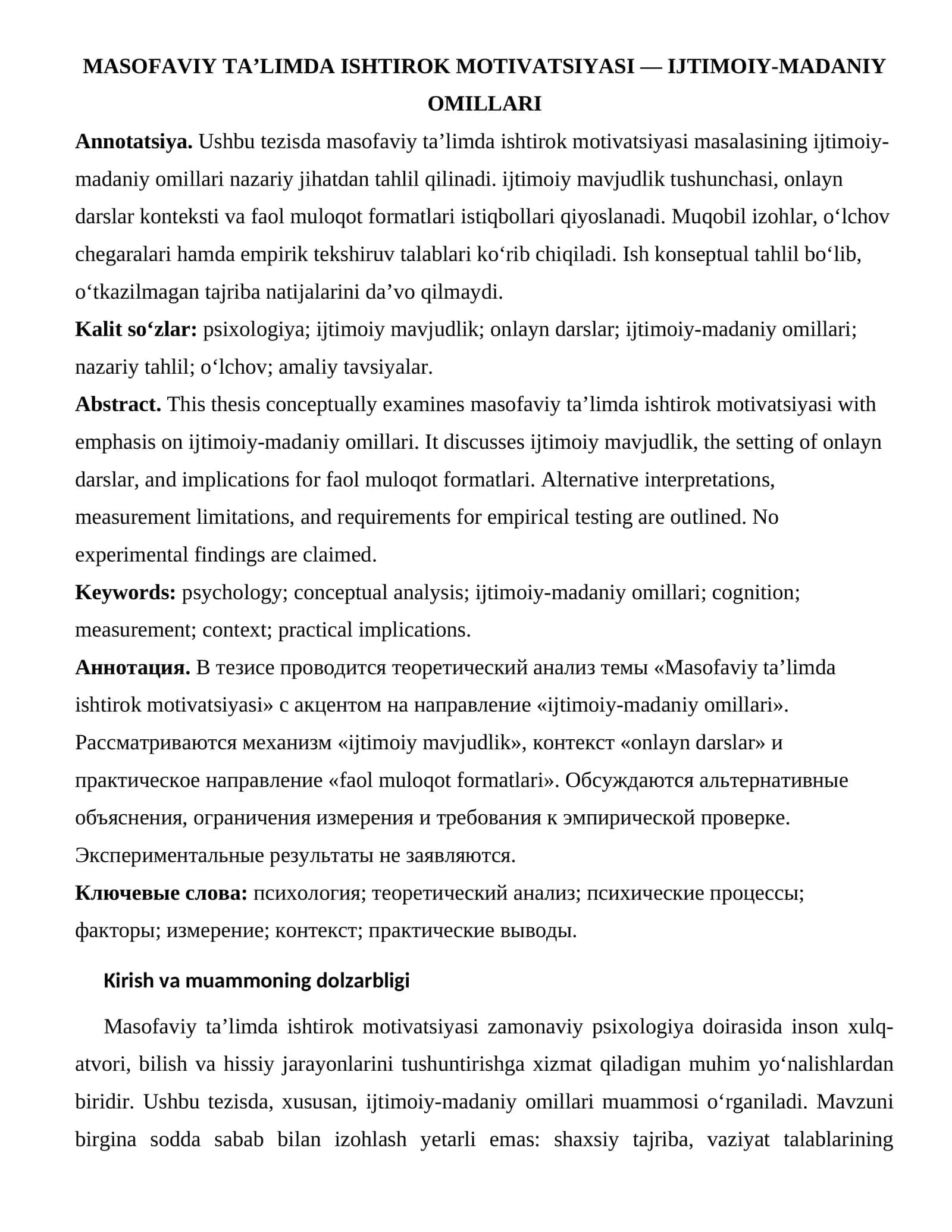 MASOFAVIY TA’LIMDA ISHTIROK MOTIVATSIYASI — IJTIMOIY-MADANIY OMILLARI 1