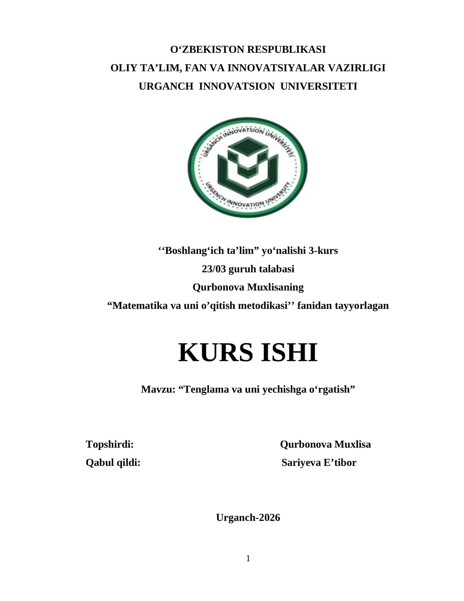 Tenglama va uni yechishga oʻrgatish 1