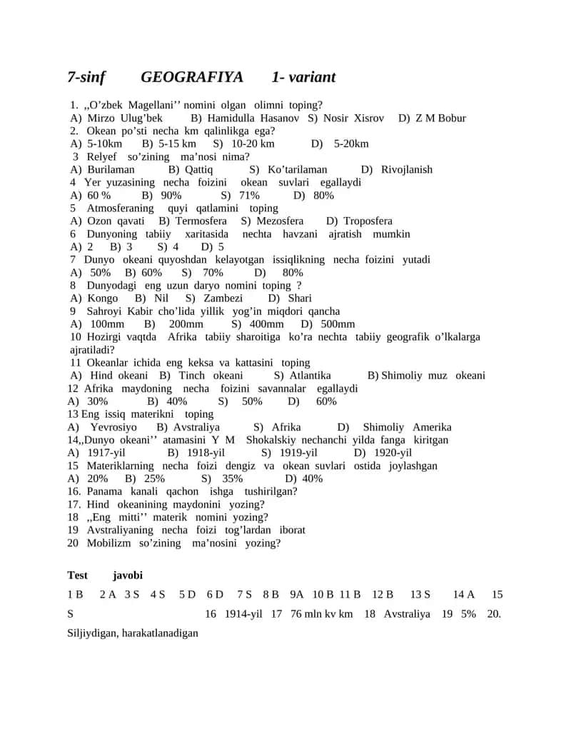 7-sinf GEOGRAFIYA fanidan Test 1