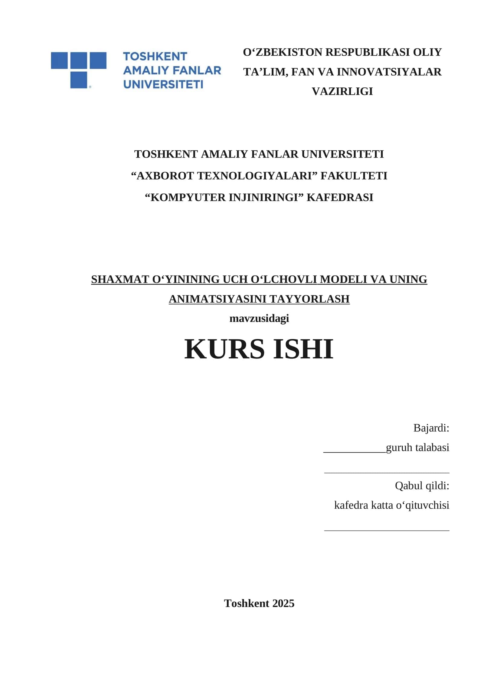 SHAXMAT O‘YININING UCH O‘LCHOVLI MODELI VA UNING ANIMATSIYASINI TAYYORLASH 1