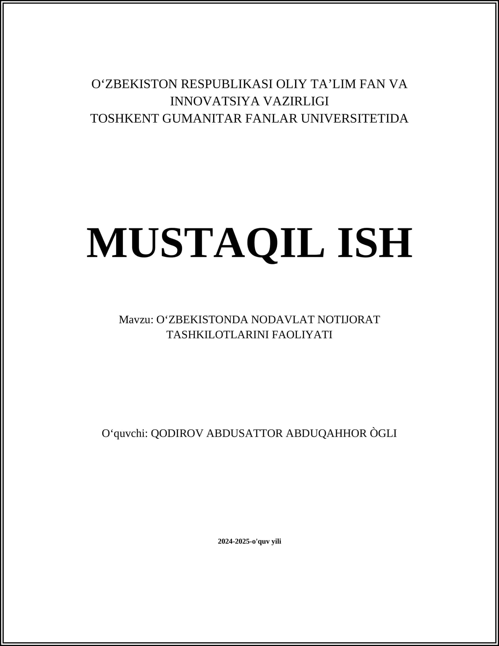 OʻZBEKISTONDA NODAVLAT NOTIJORAT TASHKILOTLARINI FAOLIYATI 1