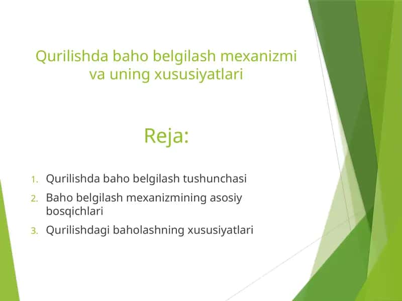 Qurilishda baho belgilash mexanizmi va uning xususiyatlari 1