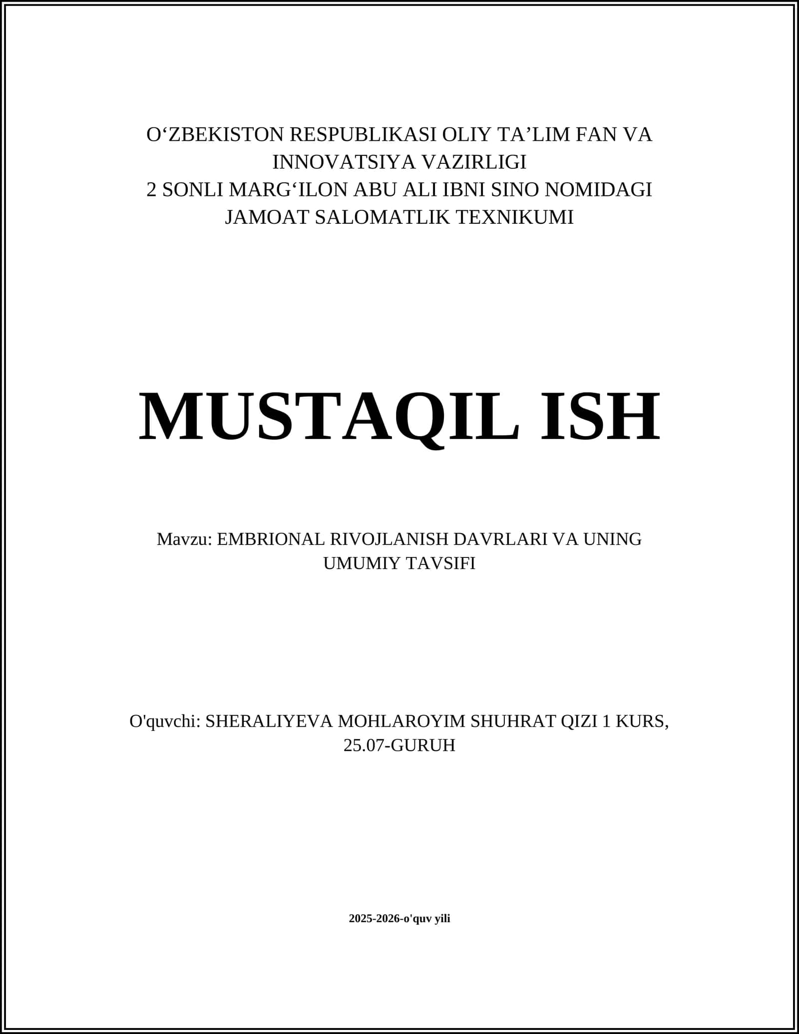 EMBRIONAL RIVOJLANISH DAVRLARI VA UNING UMUMIY TAVSIFI 1