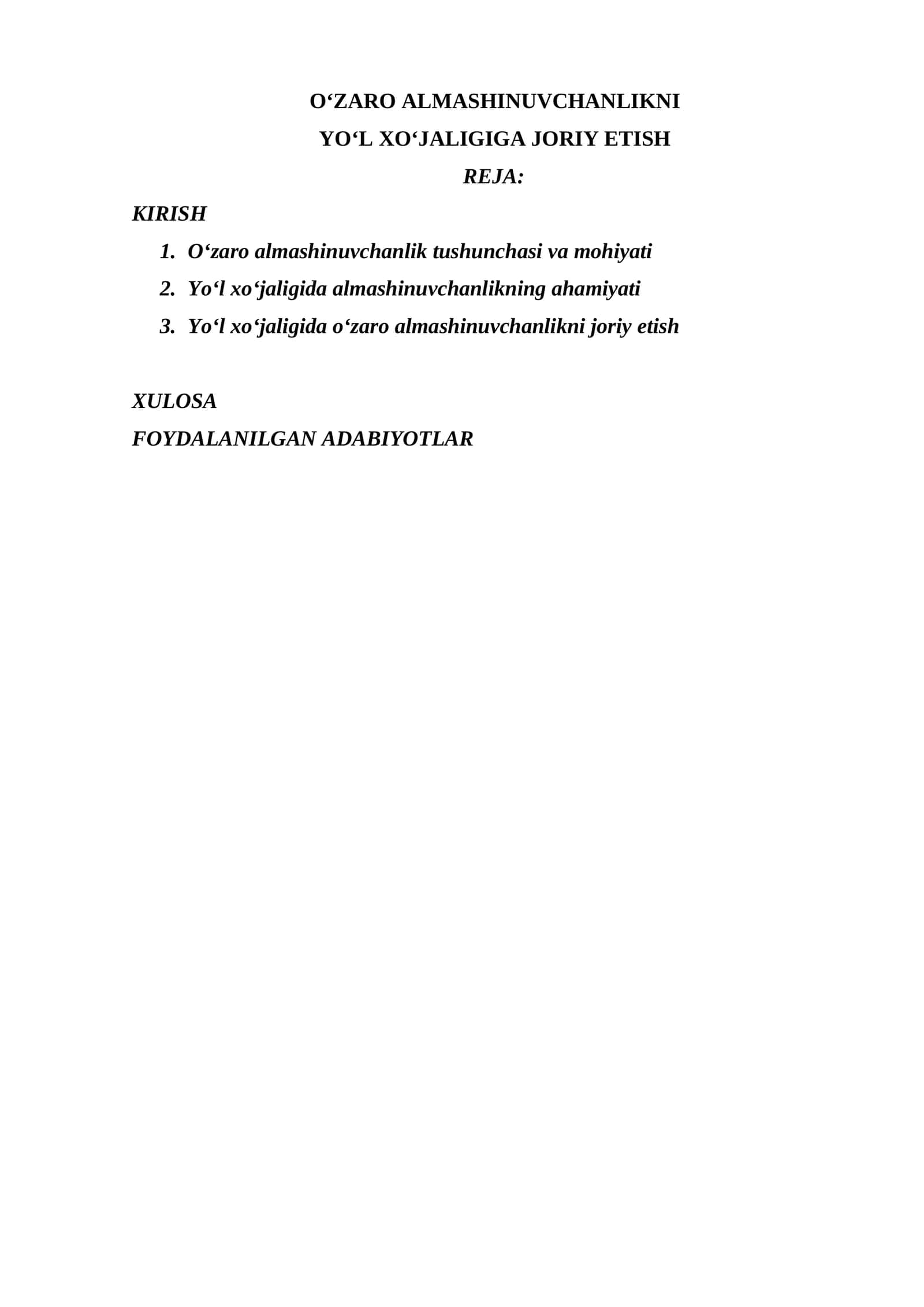 O‘ZARO ALMASHINUVCHANLIKNI YO‘L XO‘JALIGIGA JORIY ETISH 1