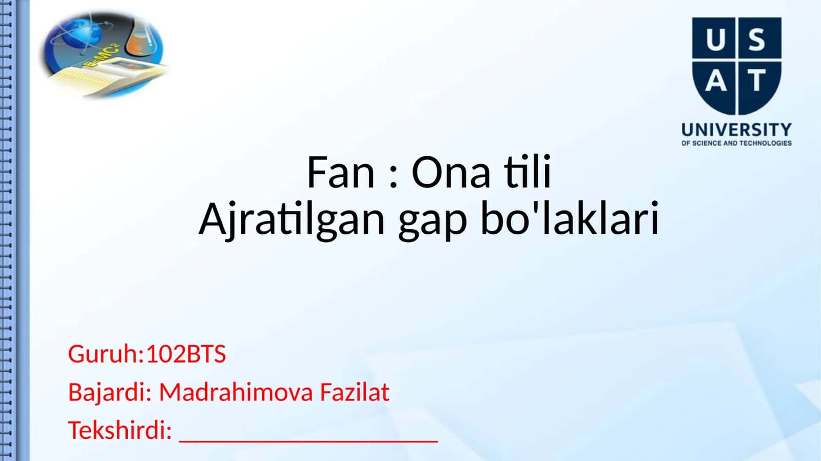 Fan: Onatili Ajratilgan gapbo'laklari 1