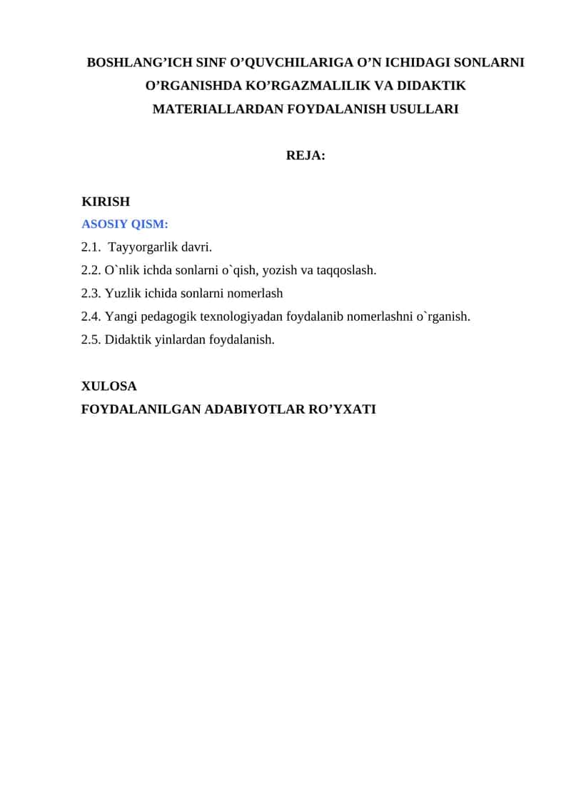 Boshlang’ich sinf o’quvchilariga o’n ichidagi sonlarni o’rganishda ko’rgazmalilik va didaktik materiallardan foydalanish usullari 1