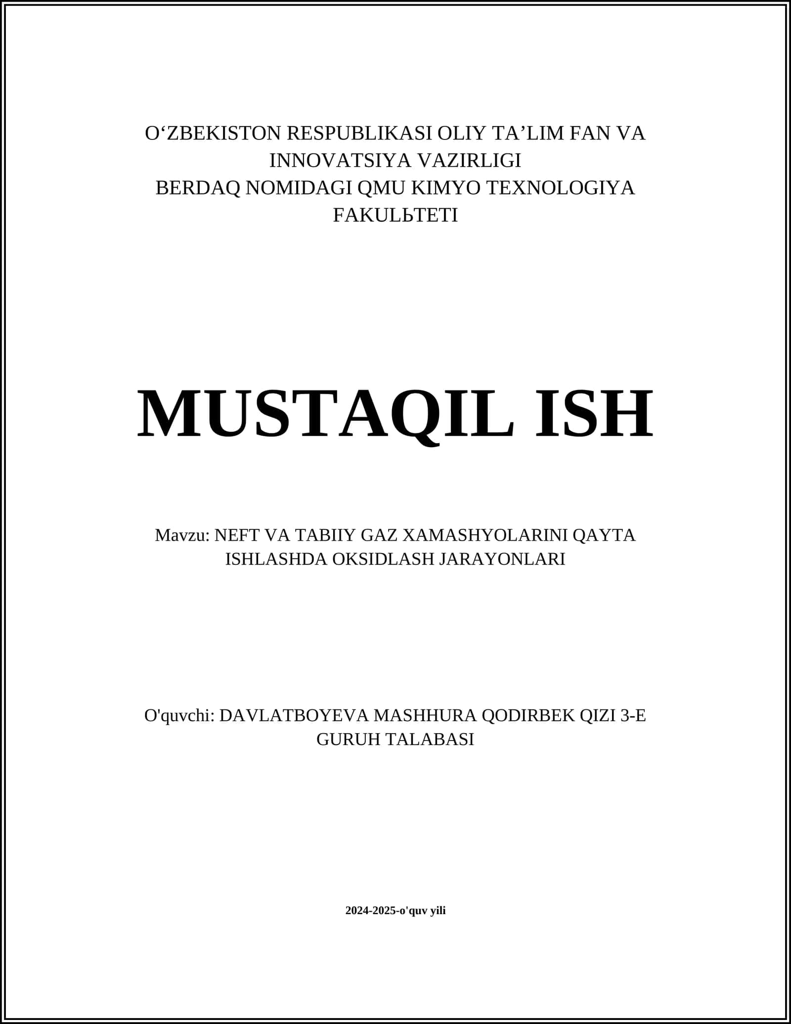 NEFT VA TABIIY GAZ XAMASHYOLARINI QAYTA ISHLASHDA OKSIDLASH JARAYONLARI 1