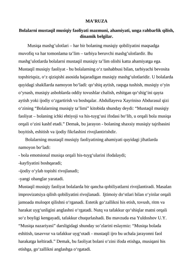 Bolalarni mustaqil musiqiy faoliyati mazmuni, ahamiyati, unga rahbarlik qilish, dinamik belgilar. 1