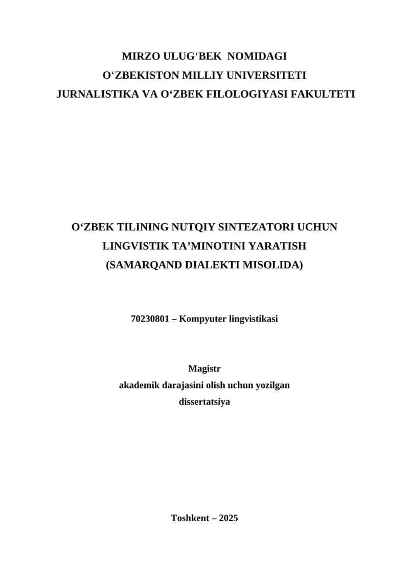 O‘ZBEK TILINING NUTQIY SINTEZATORI UCHUN LINGVISTIK TA’MINOTINI YARATISH  (SAMARQAND DIALEKTI MISOLIDA) 1