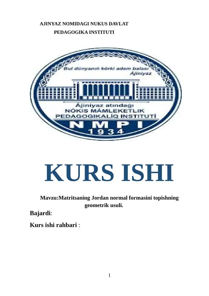 Matritsaning Jordan normal formasini topishning geometrik usuli 1