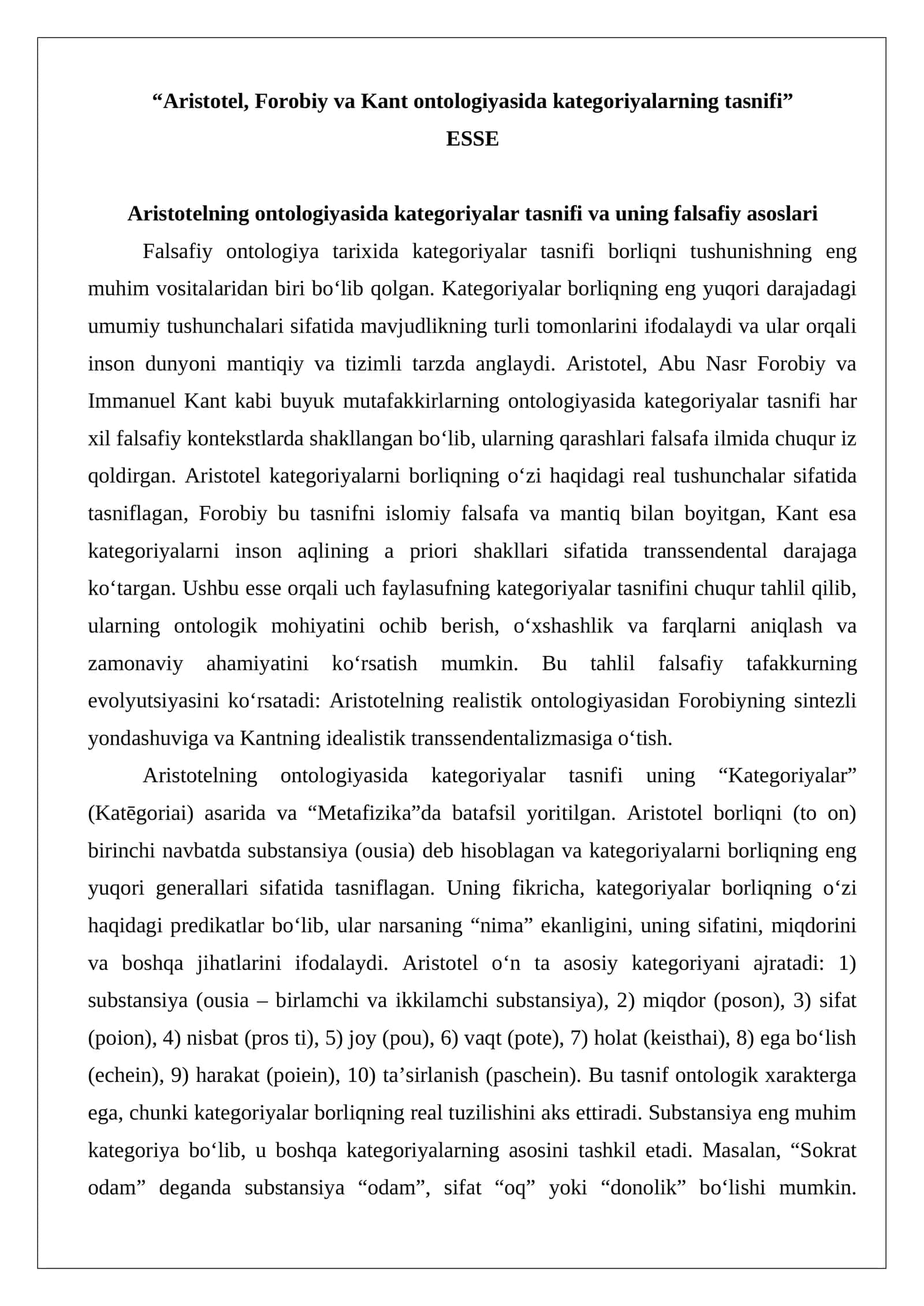 Aristotel, Forobiy va Kant ontologiyasida kategoriyalarning tasnifi 1