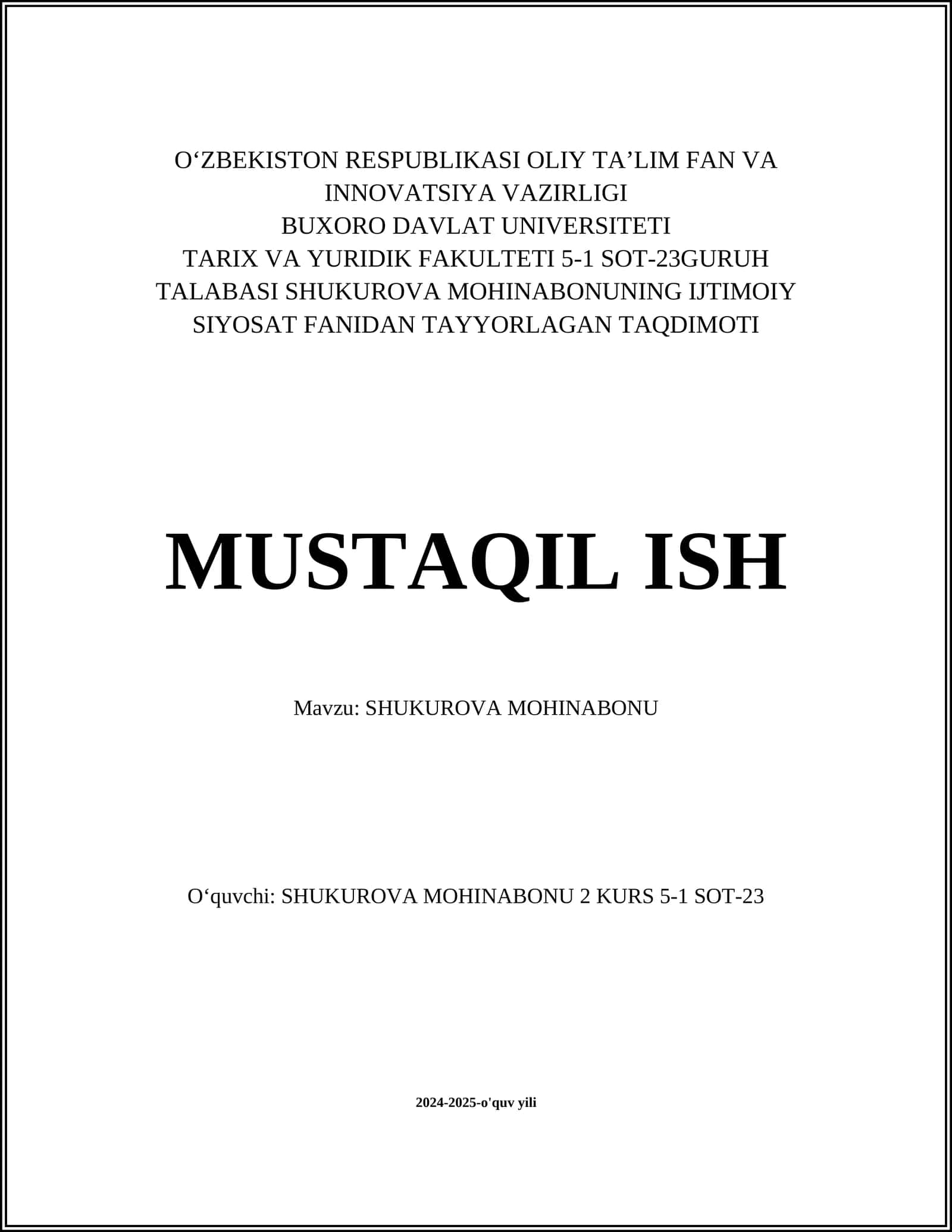 SHUKUROVA MOHINABONUNING IJTIMOIY SIYOSAT FANIDAN TAYYORLAGAN TAQDIMOTI 1