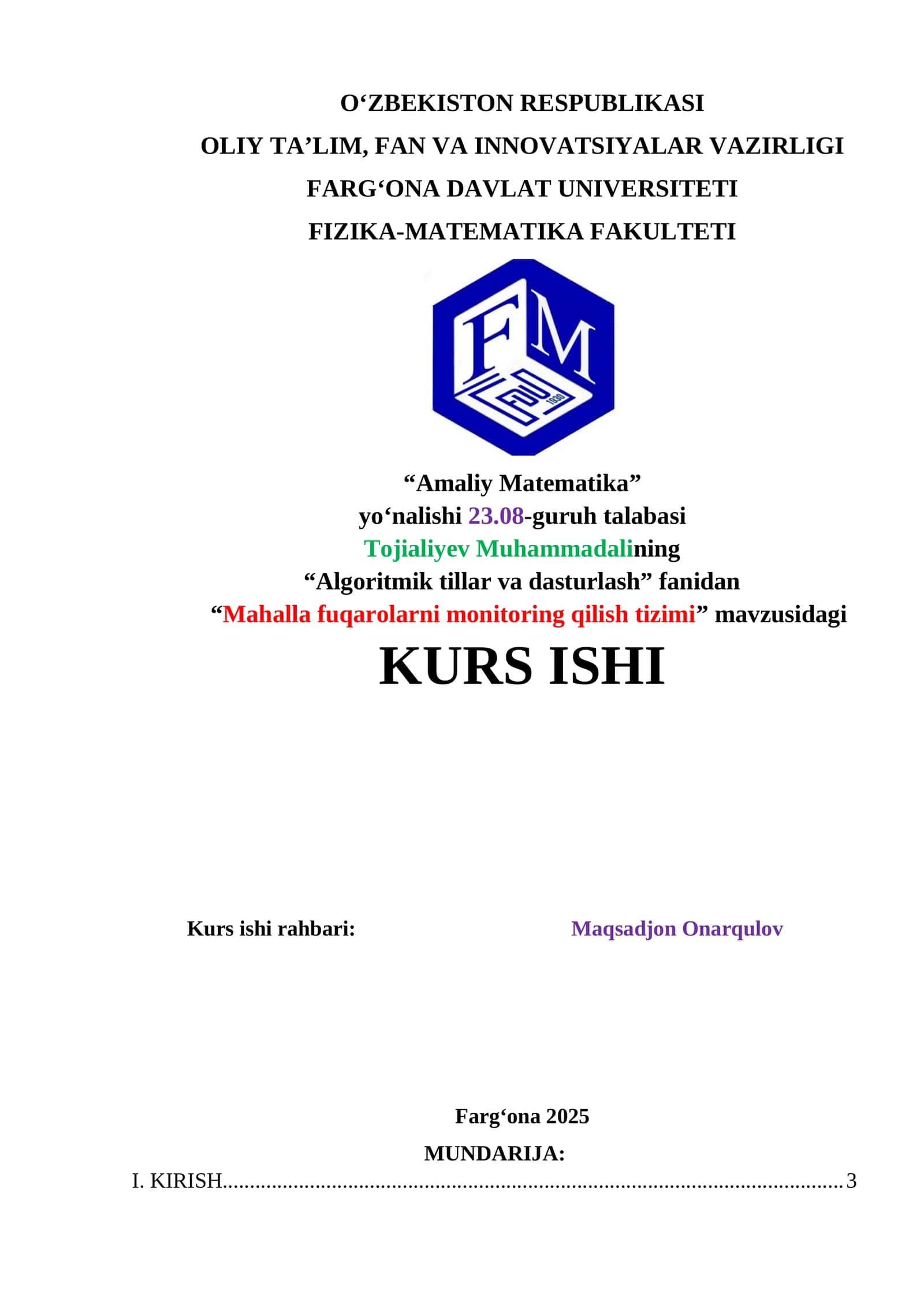 “Mahalla fuqarolarni monitoring qilish tizimi” mavzusidagi kurs ishi 1