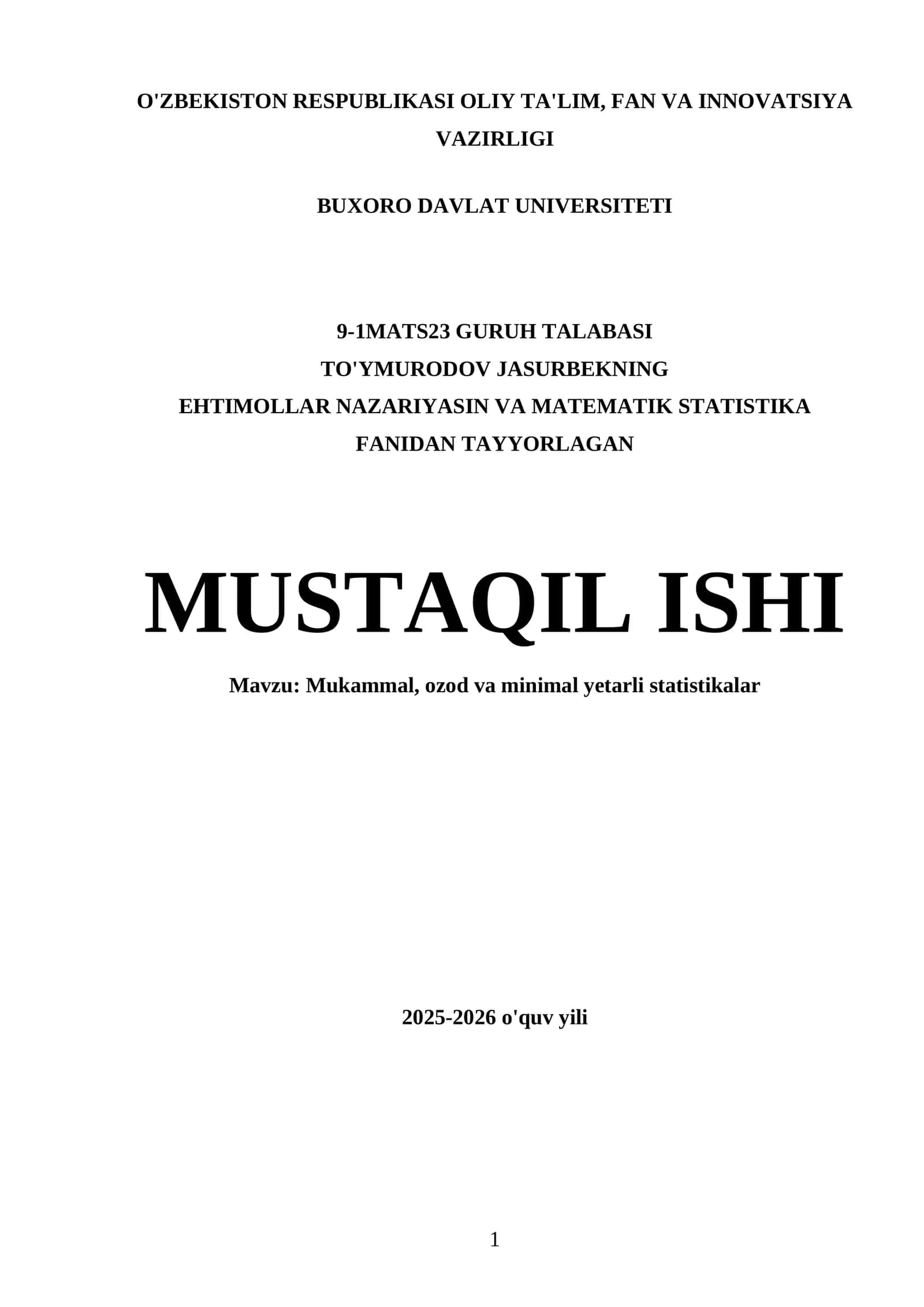 Mukammal, ozod va minimal yetarli statistikalar 1