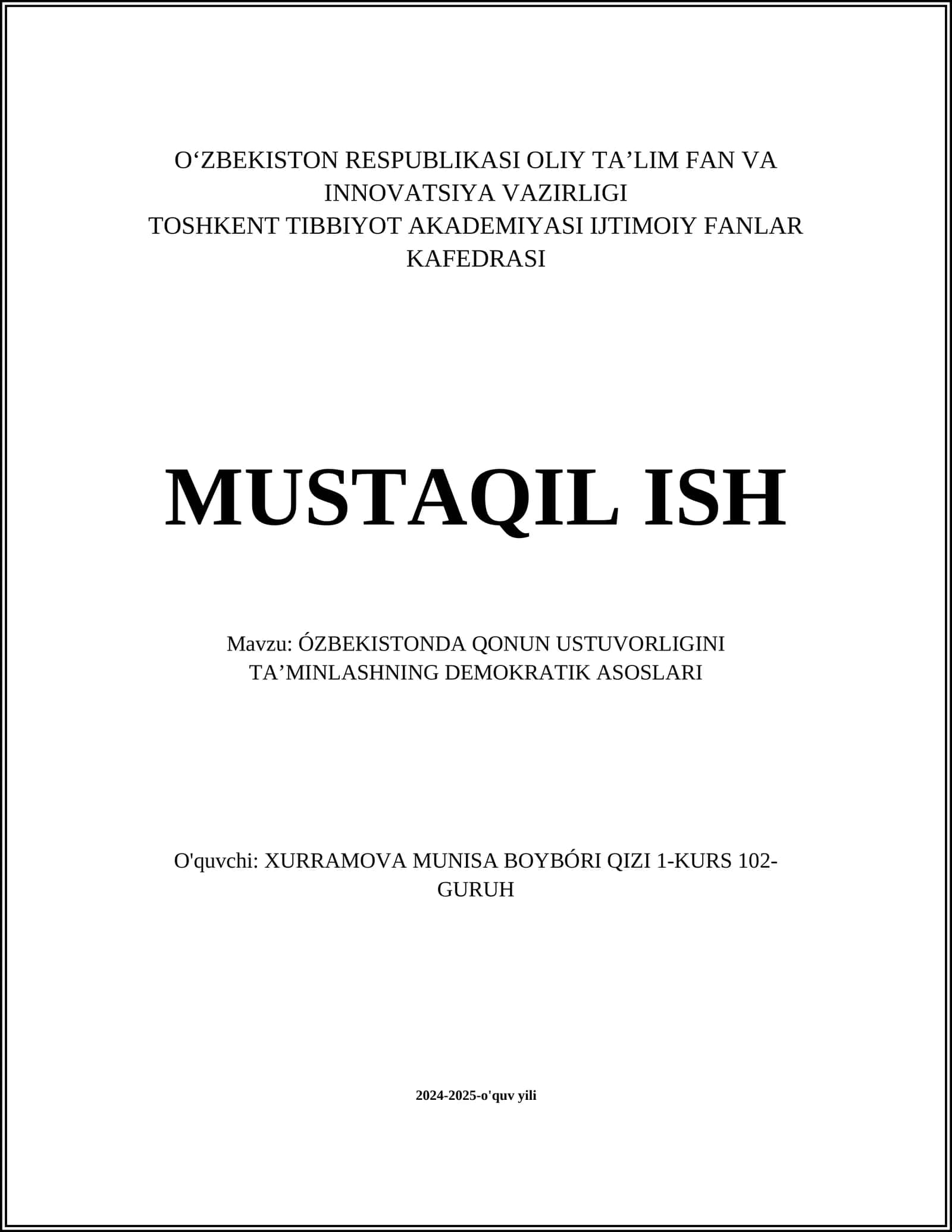 ÓZBEKISTONDA QONUN USTUVORLIGINI TAʼMINLASHNING DEMOKRATIK ASOSLARI 1
