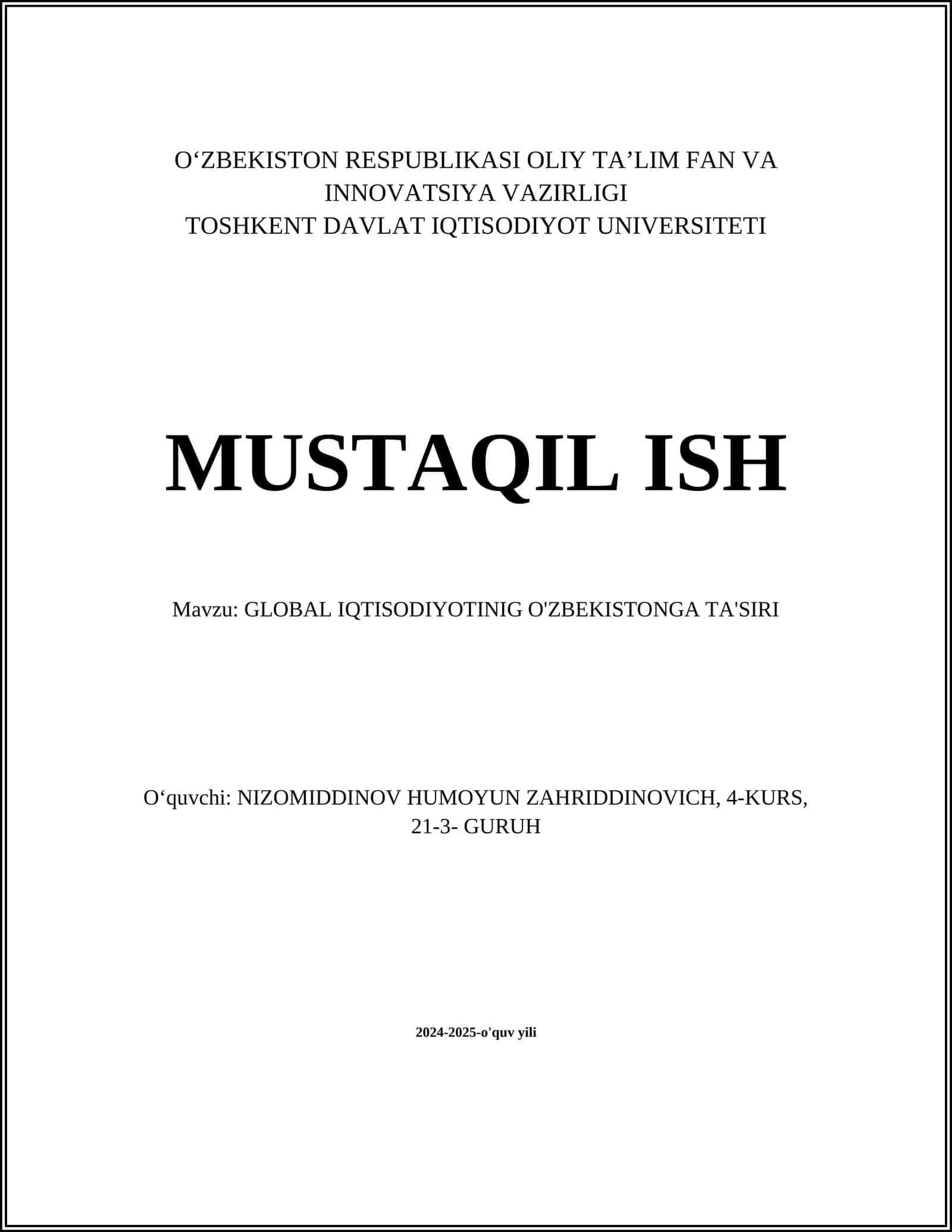 GLOBAL IQTISODIYOTINIG O'ZBEKISTONGA TA'SIRI 1