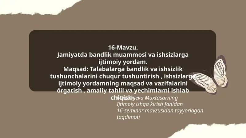 16-Mavzu. Jamiyatda bandlik muammosi va ishsizlarga ijtimoiy yordam 1
